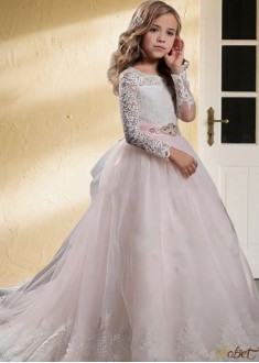 Tulle Lace Ball Gown Flower Girl Dress with Jewel Neck & Long Sleeves – Floor-Length