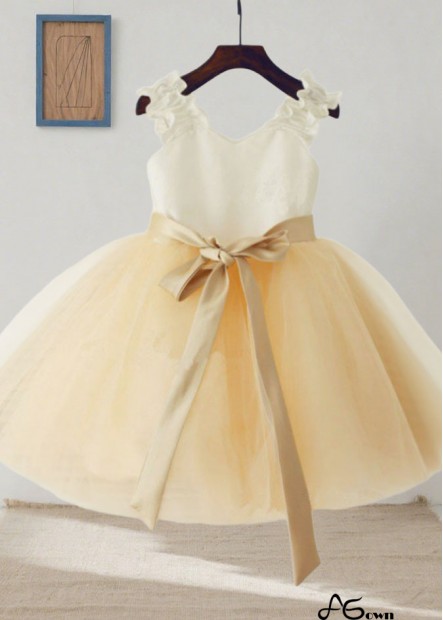 Tulle Straps Floor-Length Flower Girl Dresses with Ribbon