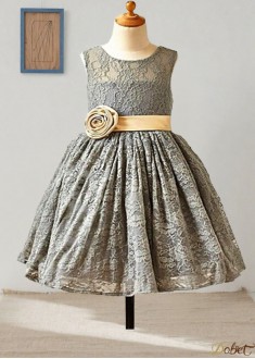 Lace Flower Girl Dress with Hand-Made Flowers – Scoop Neck A-Line Tea-Length