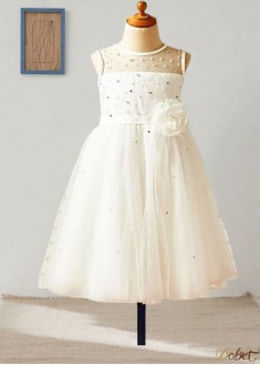 Handmade Flower Tulle A-Line Flower Girl Dress – Sleeveless Scoop Neck Tea-Length Gown