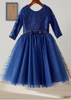 Lace Tulle Flower Girl Dress with Long Sleeves – Tea-Length A-Line Princess Gown
