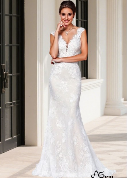 Lace Mermaid Wedding Dress V-Neck and Cap Sleeves – Sheath Bridal Gown