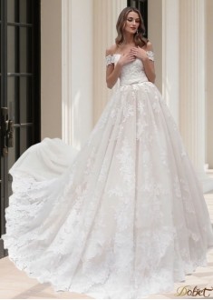 Off The Shoulder Tulle Wedding Dress with Short Sleeves and Monarch Train – Elegant A-Line Bridal Gown