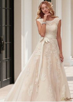 Affordable Scoop Neck A-Line Wedding Dress with Cap Sleeves