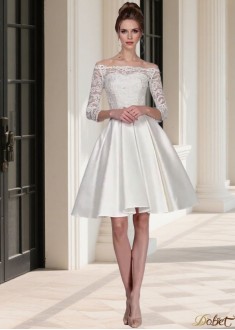 Elegant Off Shoulder Lace Satin Short Beach Wedding Dress with Illusion Sleeves