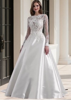 Elegant Long Sleeve Illusion Bateau Neck Tulle Satin A-Line Wedding Dress for Bride