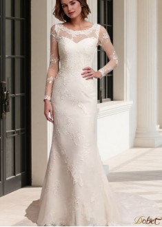 Lace Satin Sheath Beach Wedding Dress with Long Illusion Sleeves – Scoop Neck