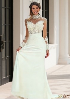 Illusion High Neck Tulle Satin Sheath Beach Wedding Dress