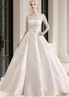 Bateau Neck Lace Satin A Line Wedding Dress