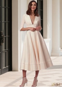 Taffeta Half Sleeve Tea Length Wedding Dress – V Neck A Line Bridal Gown