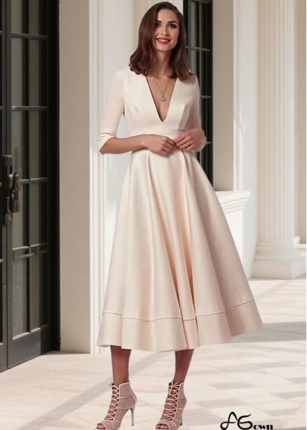 Taffeta Half Sleeve Tea Length Wedding Dress – V Neck A Line Bridal Gown