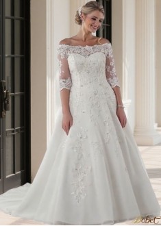 Off-the-Shoulder Tulle A-Line Wedding Dress with Half Illusion Sleeves