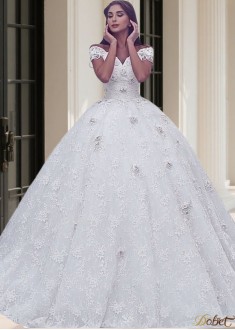 Plus Size Off The Shoulder Lace Ball Gown Wedding Dress For Brides