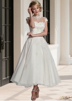 High Collar Tulle A Line Ankle Length Beach Wedding Dress for Brides