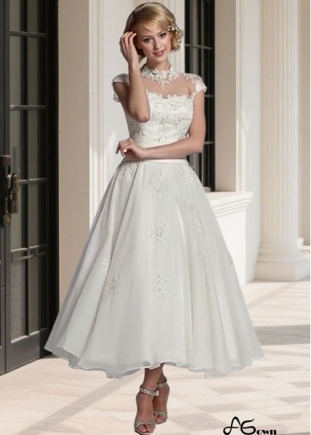 High Collar Tulle A Line Ankle Length Beach Wedding Dress for Brides