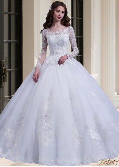Tulle Scoop Neck Ball Gown Wedding Dress with Long Illusion Sleeves