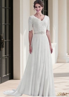 Chiffon V-Neck Sheath Beach Wedding Dress Sweep Train