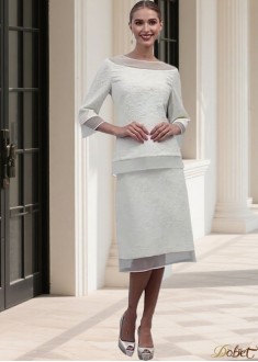 Tea Length Beach Wedding Dresses UK Scoop Neckline and 3/4 Sleeves