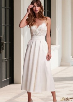 Sleeveless Lace Tea Length Spaghetti Strap Beach Wedding Dress