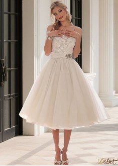 Off-the-Shoulder Tea Length Tulle Wedding Dress with Half Illusion Sleeves