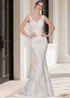 Sleeveless Mermaid Beach Lace Wedding Dress with Jewel Neckline
