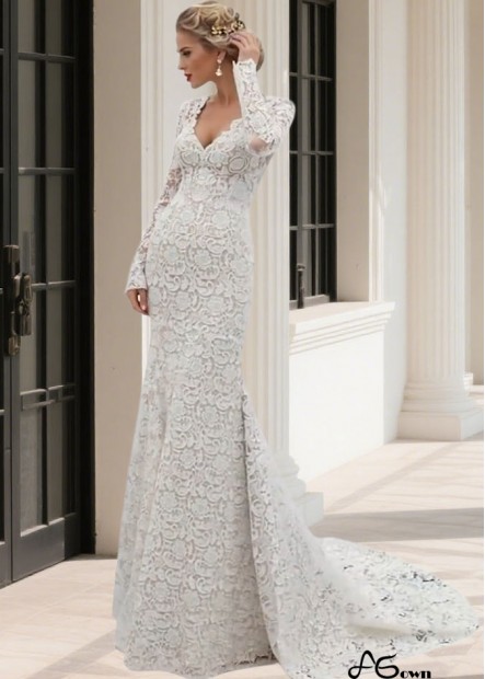 Lace V-Neck Mermaid Wedding Dress with Long Sleeves – Beach Bridal Gown