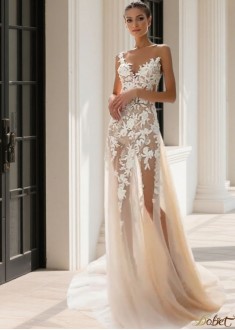 Beach Tulle and Lace Sheath Wedding Dresses with Appliques