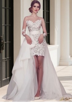Beach Hi-Lo Jewel Neckline Long Sleeves Sheath Wedding Dress