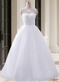 Jewel Neck Tulle Wedding Dress – Sleeveless Simple Bridal Gown