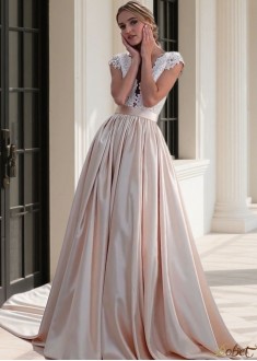 Boho Beach Wedding Dress Tulle Stretch Charmeuse Satin Bateau Neck A-Line Bridal Gown