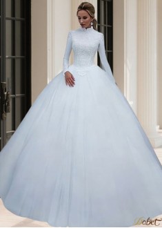 High Collar Satin Ball Gown Wedding Dress with Long Sleeves