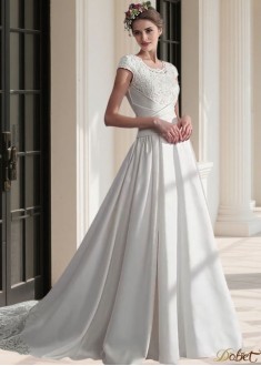 Satin Beach Wedding Dress – Cap Sleeves & Dropped Waist Ball Gown