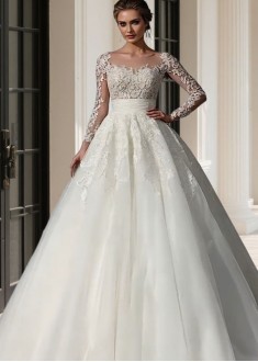 Tulle Jewel Neck Ball Gown Wedding Dress Cathedral Train
