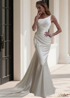 Elegant One Shoulder Stretch Satin Beach Wedding Dress with Sweep Train