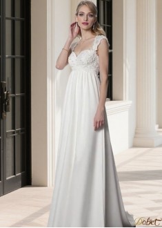Elegant Lace & Chiffon Empire Waist Beach Wedding Dress with Portrait Neckline