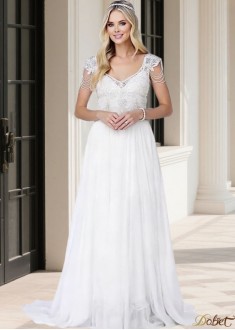 V Neck Beaded Tulle Chiffon A-Line Wedding Dress