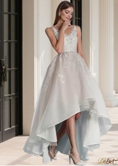 Tulle Asymmetrical Hi-Lo Beach Wedding Dress Sleeveless A-Line Silhouette