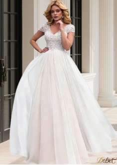 Tulle Satin V-Neck A-Line Beach Wedding Dress with Illusion Sleeves