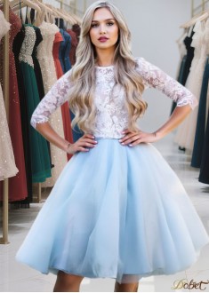 Beach Knee-Length A-Line Prom Dress with Half Sleeves and Jewel Neckline