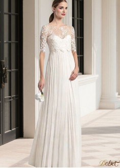 Lace Tulle A-Line Beach Wedding Dress with Bateau Neck & Illusion Half Sleeves