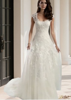 Tulle Scoop Neck Cap Sleeve A-Line Wedding Dress