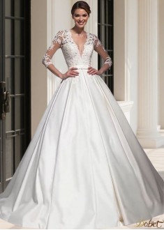 V Neck 3/4 Sleeves Tulle & Satin A-Line Wedding Dress – UK Bridal Gowns