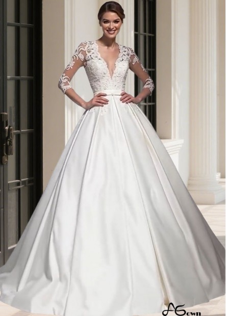 V Neck 3/4 Sleeves Tulle & Satin A-Line Wedding Dress – UK Bridal Gowns