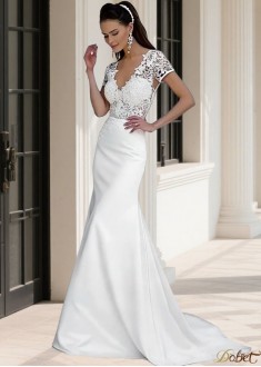 Lace Satin Mermaid Beach Wedding Dress with V-Neck