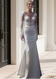 V Neck Mermaid Bridal Gown with Long Illusion Sleeves