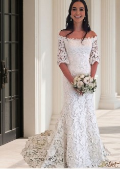 Off-The-Shoulder Women Mermaid Wedding Dress with 1/2 Lace Sleeves