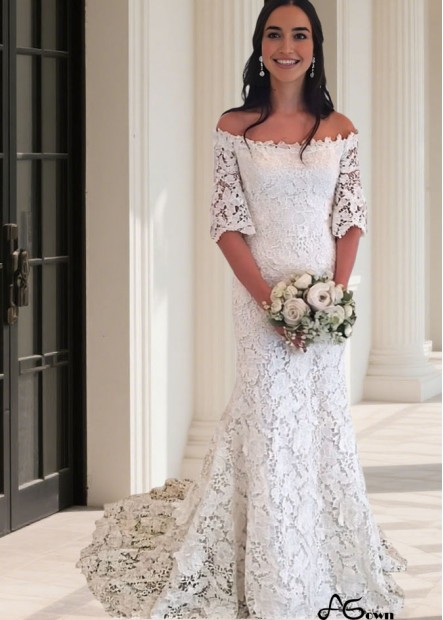 Off-The-Shoulder Women Mermaid Wedding Dress with 1/2 Lace Sleeves
