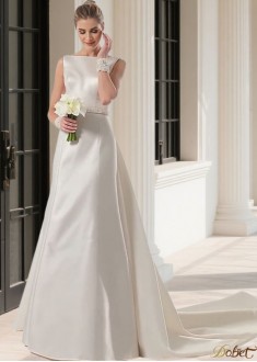 Elegant Satin Bateau Neck Sleeveless Sheath Wedding Dress with Chapel Train