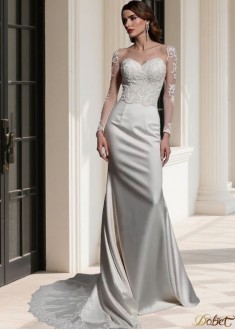 Elegant Satin Bateau Neck Long Sleeve Sweep Train Wedding Dress