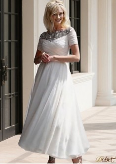 Chiffon Scoop Neck A-Line Wedding Dress – Short Sleeve Ankle Length Bridal Gown